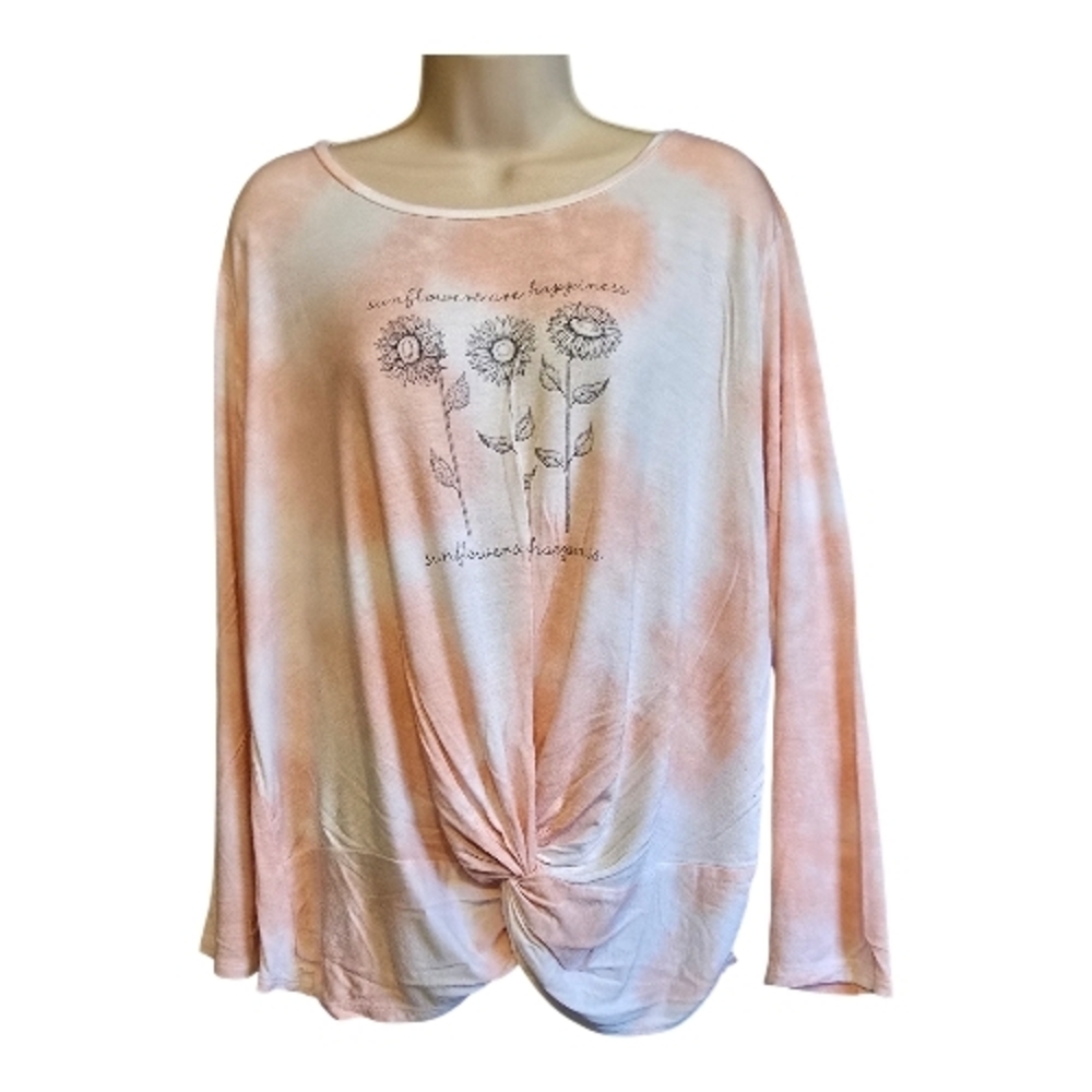 Scarlett Plus 1X Tie Dye Sunflower Twist Front Long Sleeve Top Boho Soft